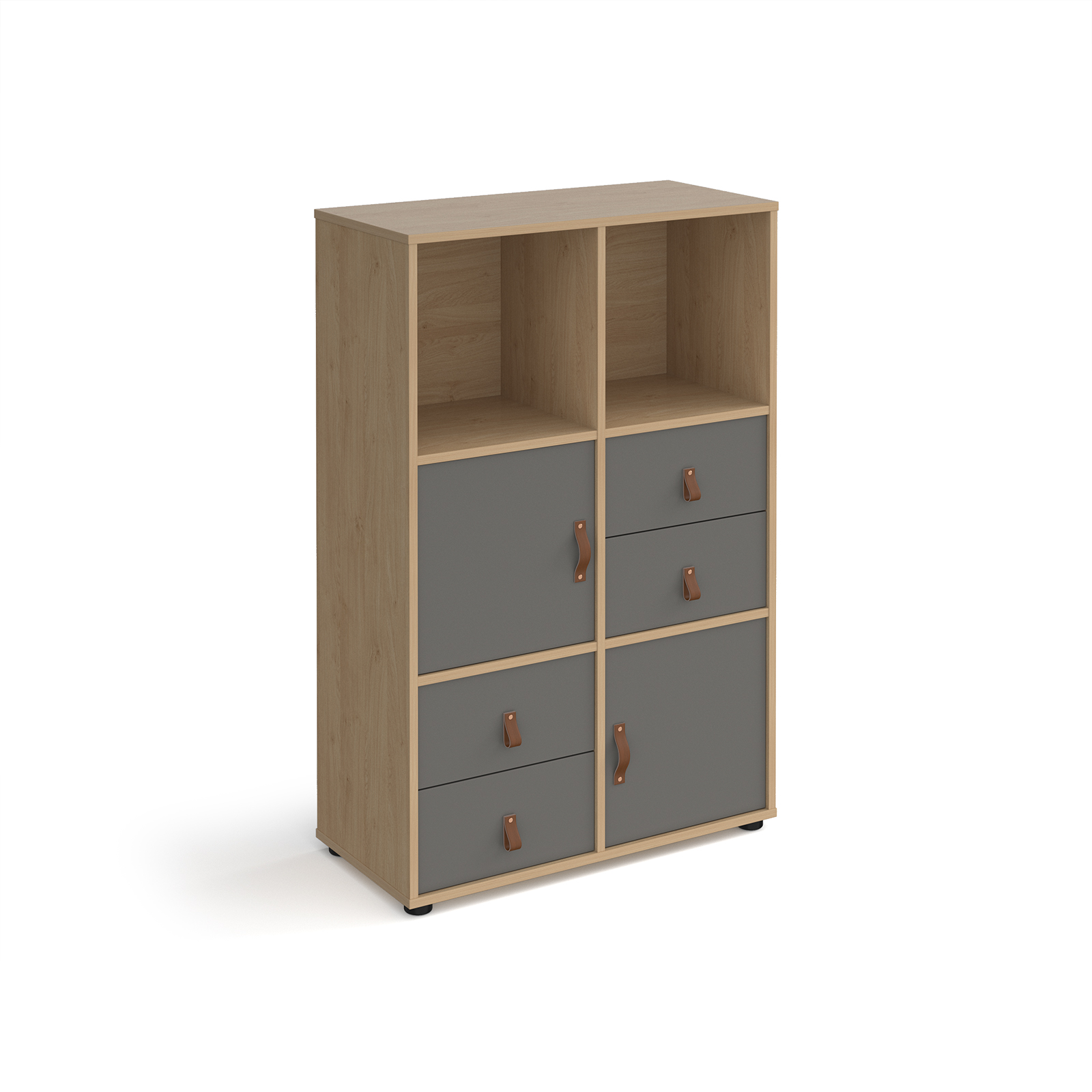 Picture of Universal cube storage unit 1295mm high on glides with 2 cupboards and 2 sets of drawers - oak with grey inserts