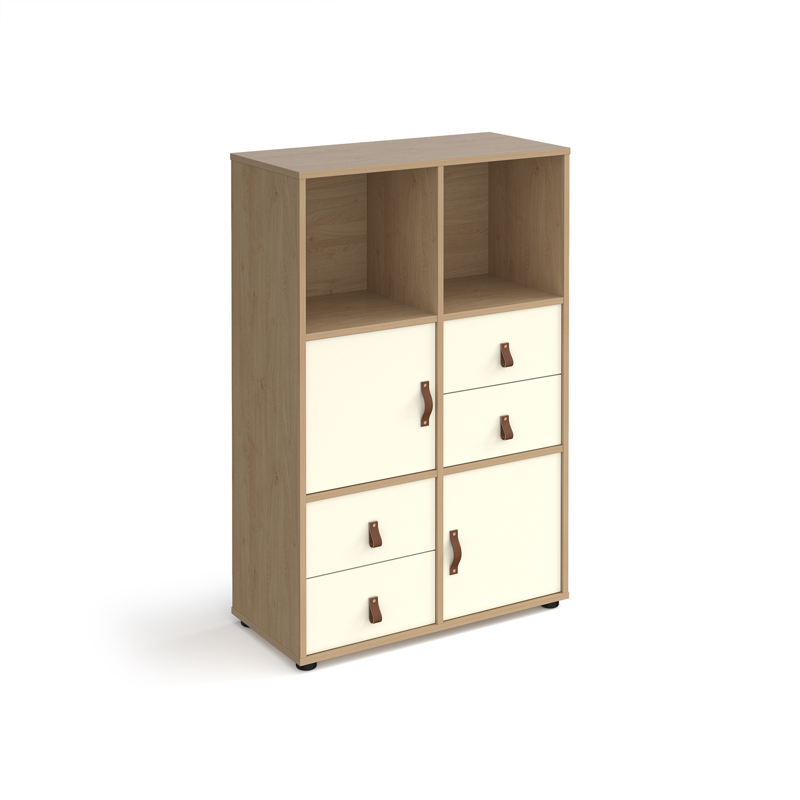 Picture of Universal cube storage unit 1295mm high on glides with 2 cupboards and 2 sets of drawers - oak with white inserts