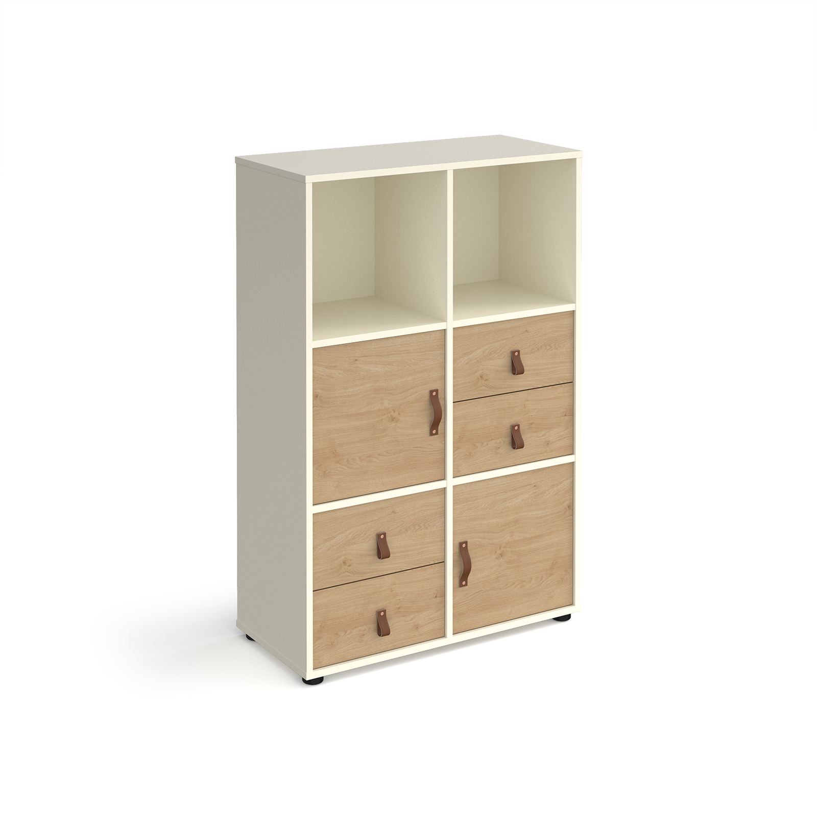 Picture of Universal cube storage unit 1295mm high on glides with 2 cupboards and 2 sets of drawers - white with oak inserts