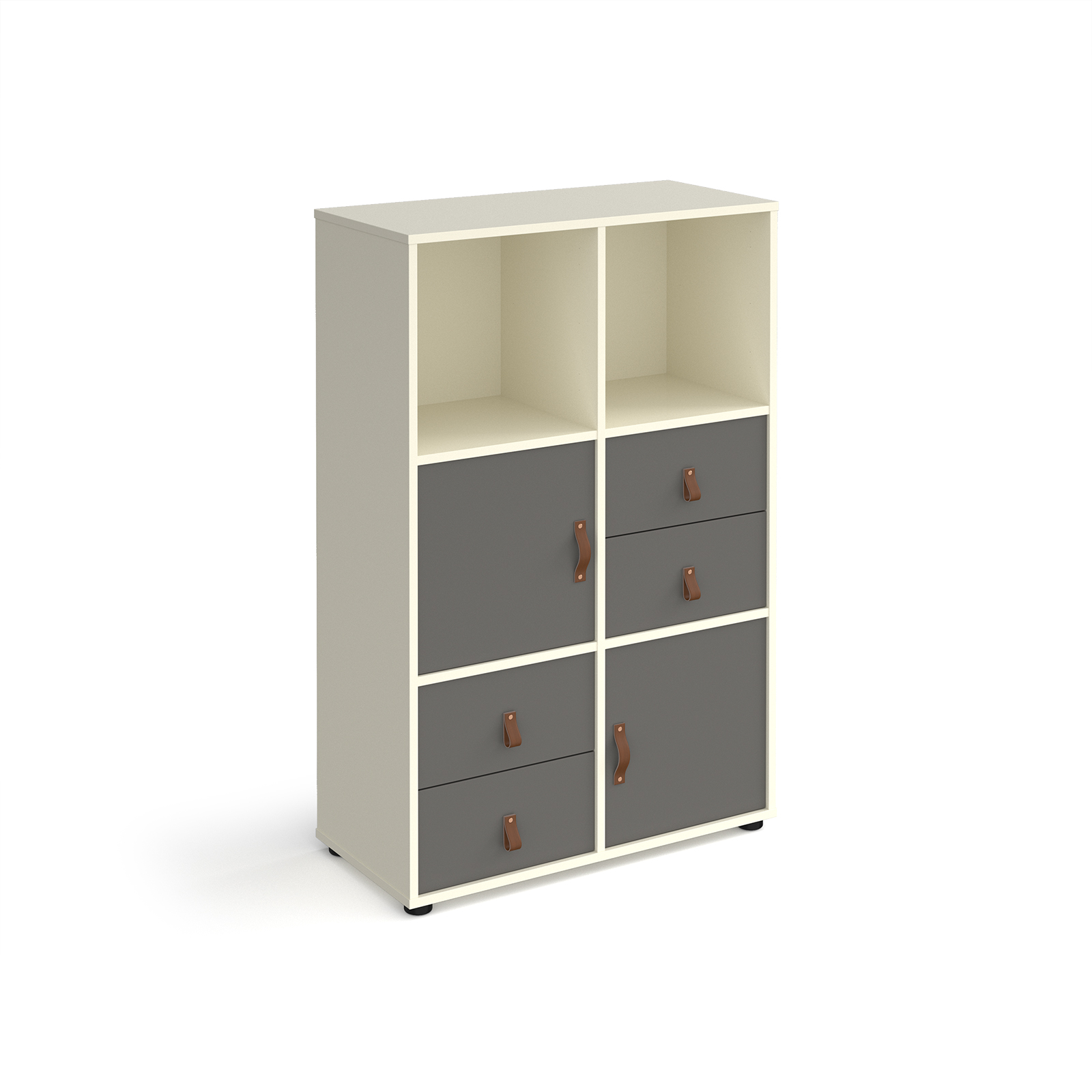 Picture of Universal cube storage unit 1295mm high on glides with 2 cupboards and 2 sets of drawers - white with grey inserts