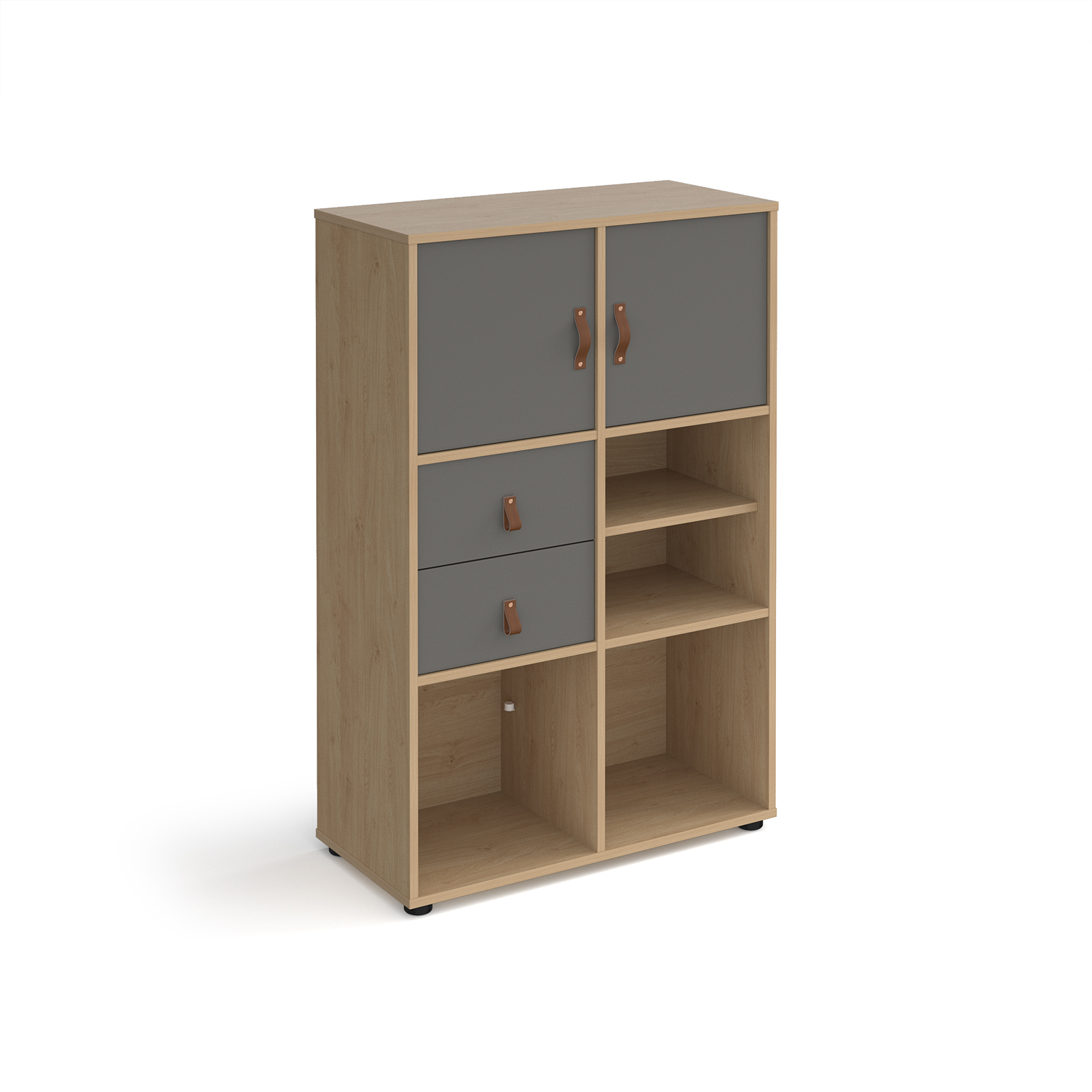 Picture of Universal cube storage unit 1295mm high on glides with matching shelf, 2 cupboards and drawers - oak with grey inserts