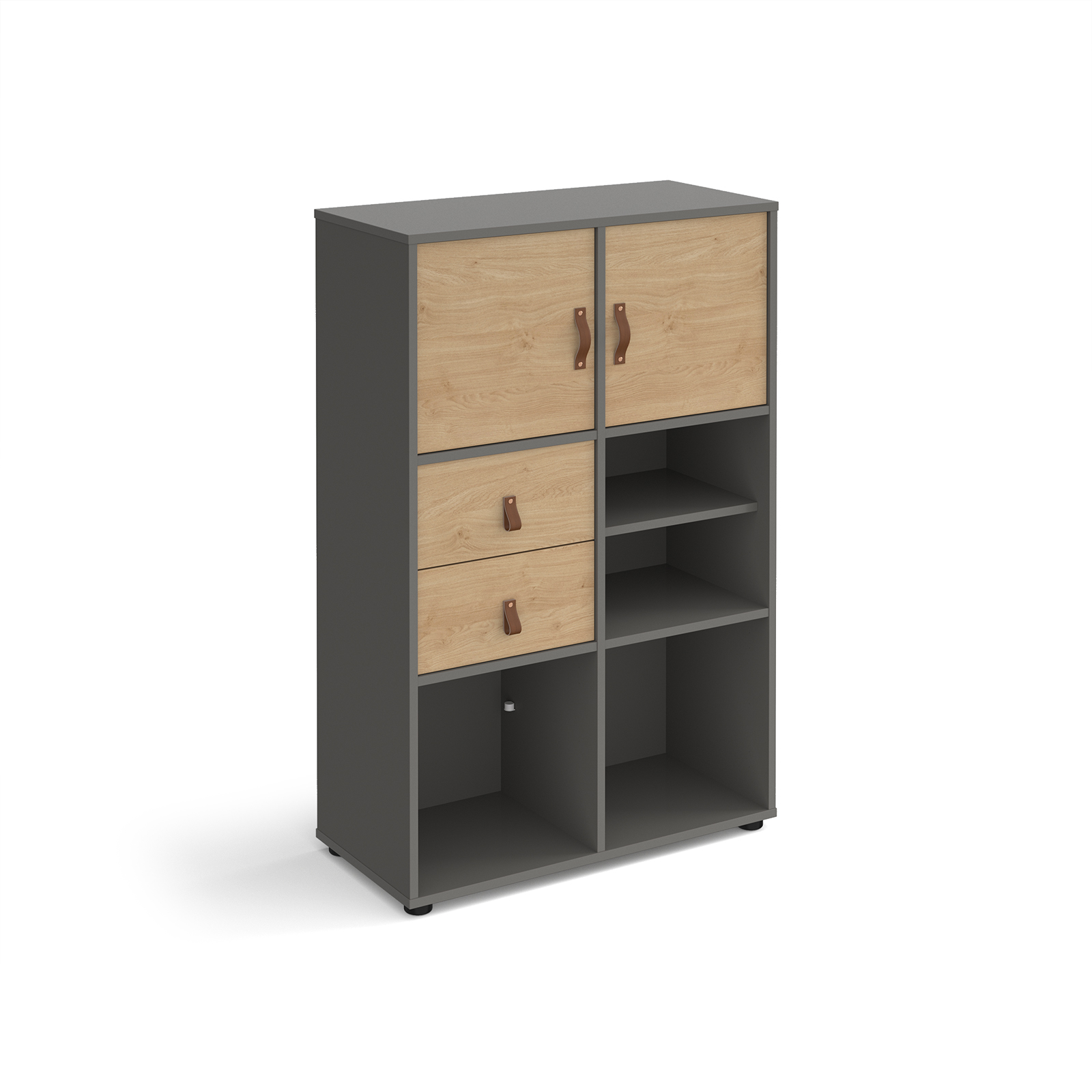 Picture of Universal cube storage unit 1295mm high on glides with matching shelf, 2 cupboards and drawers - grey with oak inserts