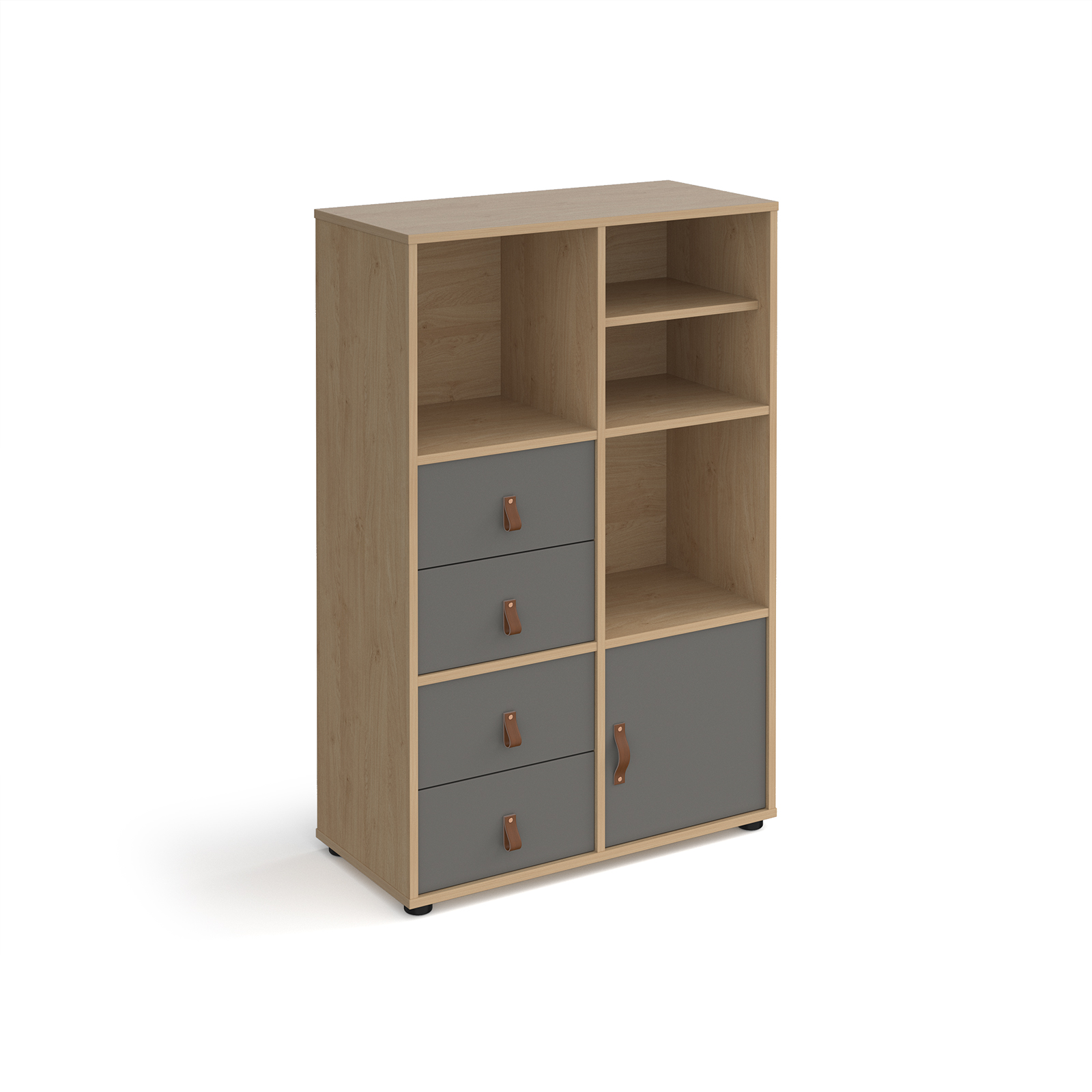 Picture of Universal cube storage unit 1295mm high on glides with matching shelf, cupboard and 2 sets of drawers - oak with grey inserts