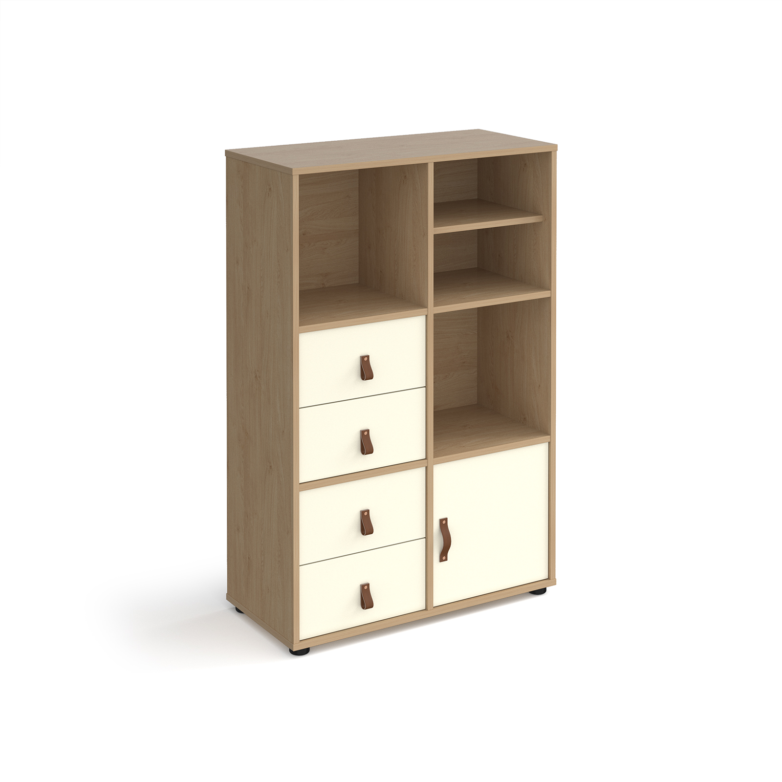 Picture of Universal cube storage unit 1295mm high on glides with matching shelf, cupboard and 2 sets of drawers - oak with white inserts