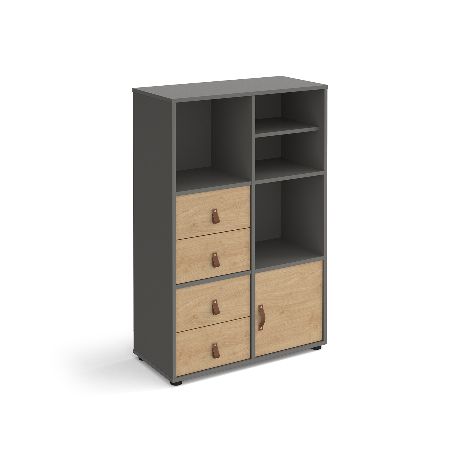 Picture of Universal cube storage unit 1295mm high on glides with matching shelf, cupboard and 2 sets of drawers - grey with oak inserts
