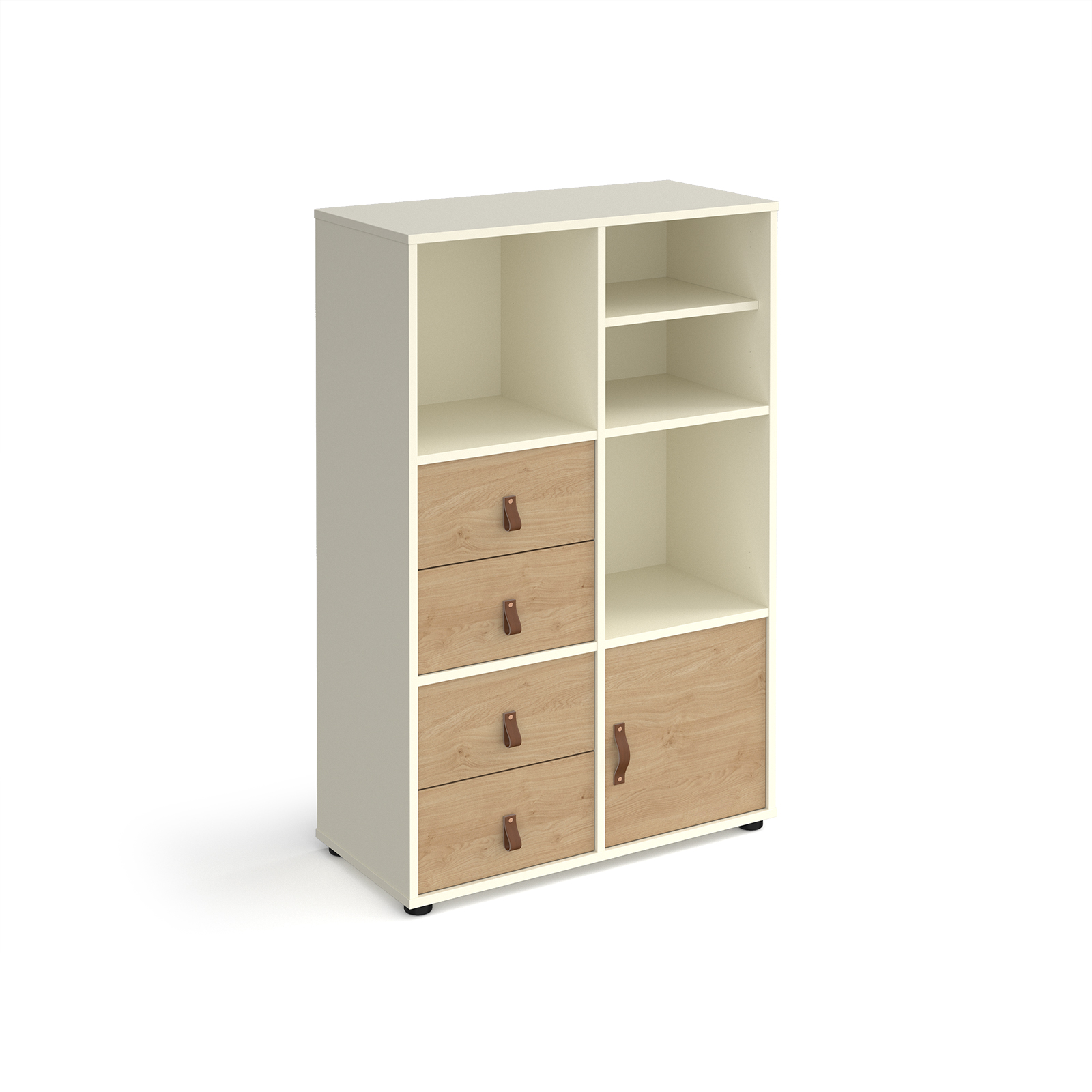 Picture of Universal cube storage unit 1295mm high on glides with matching shelf, cupboard and 2 sets of drawers - white with oak inserts