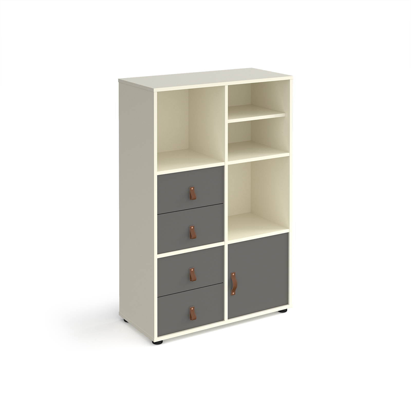 Picture of Universal cube storage unit 1295mm high on glides with matching shelf, cupboard and 2 sets of drawers - white with grey inserts