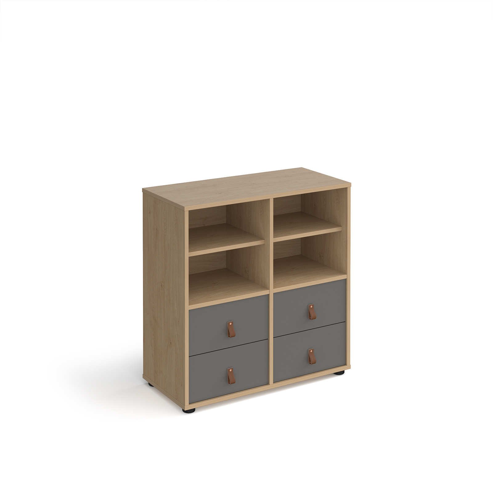 Picture of Universal cube storage unit 875mm high on glides with 2 matching shelves and 2 sets of drawers - oak with grey inserts