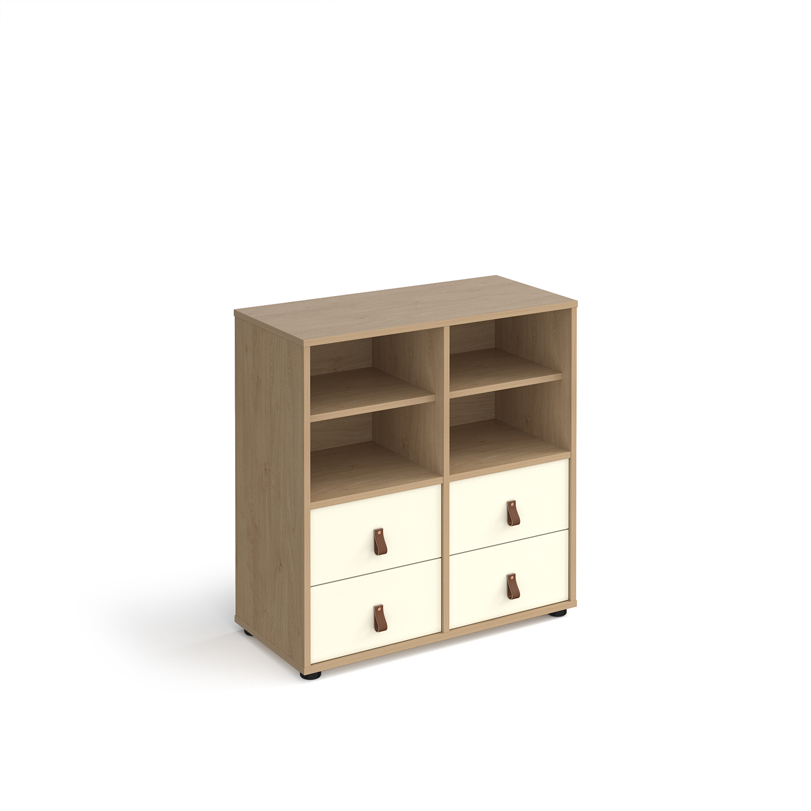 Picture of Universal cube storage unit 875mm high on glides with 2 matching shelves and 2 sets of drawers - oak with white inserts