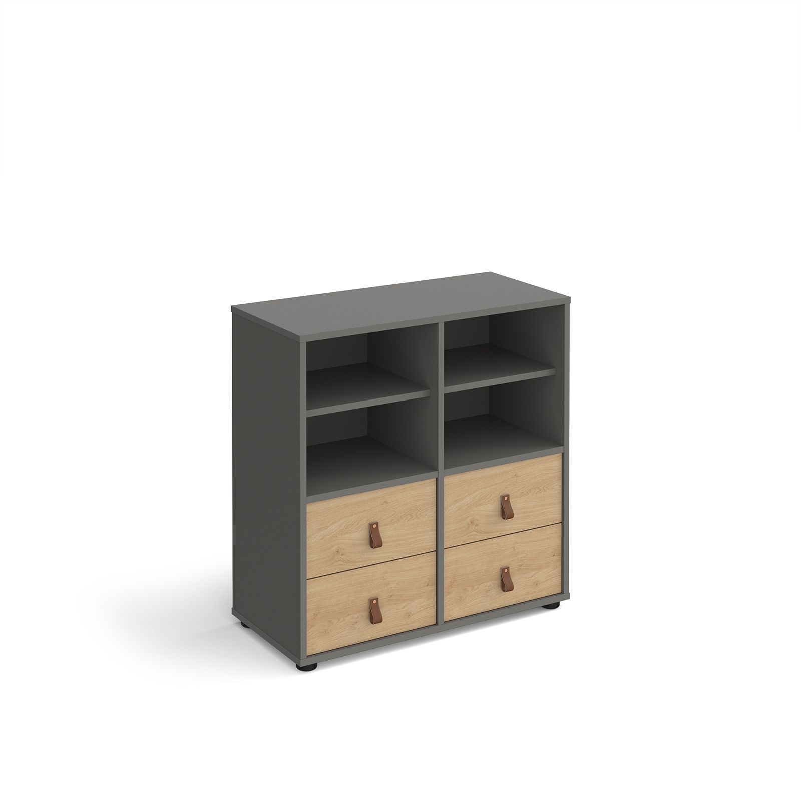 Picture of Universal cube storage unit 875mm high on glides with 2 matching shelves and 2 sets of drawers - grey with oak inserts