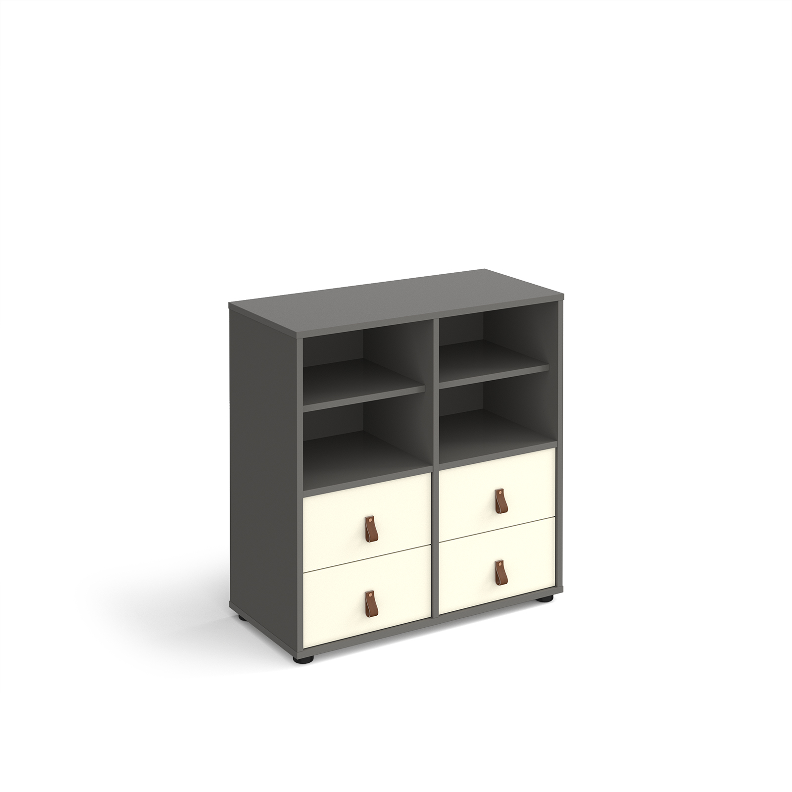 Picture of Universal cube storage unit 875mm high on glides with 2 matching shelves and 2 sets of drawers - grey with white inserts