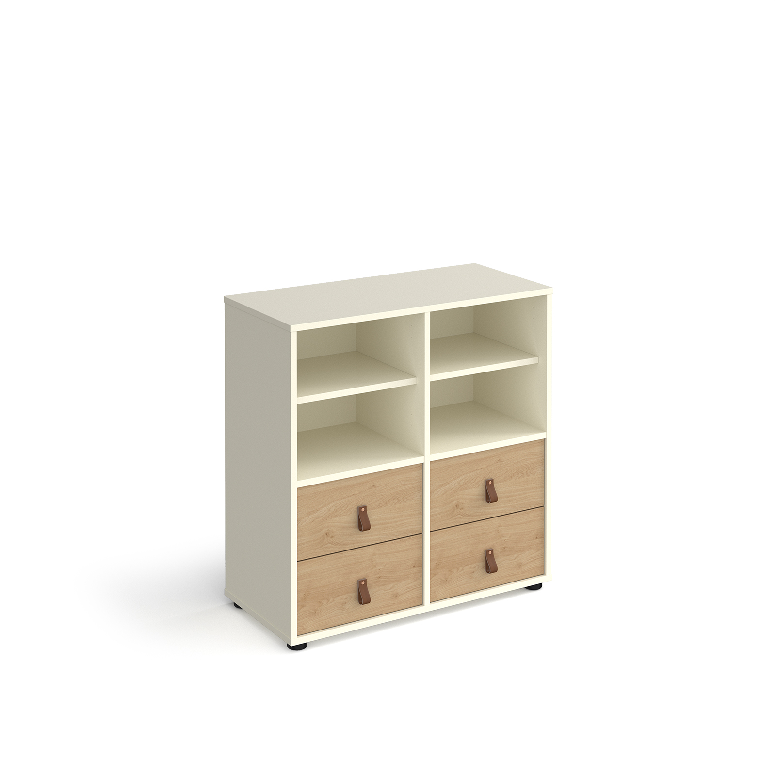 Picture of Universal cube storage unit 875mm high on glides with 2 matching shelves and 2 sets of drawers - white with oak inserts