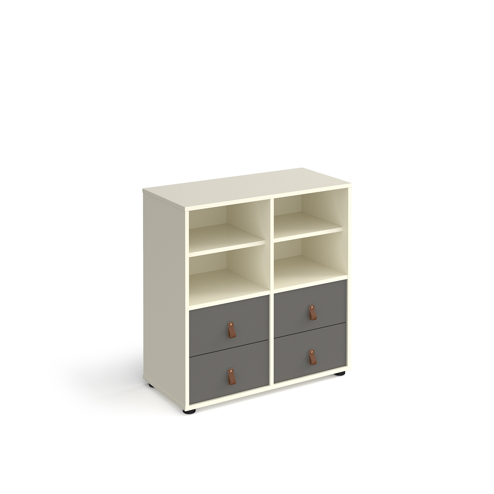 Picture of Universal cube storage unit 875mm high on glides with 2 matching shelves and 2 sets of drawers - white with grey inserts