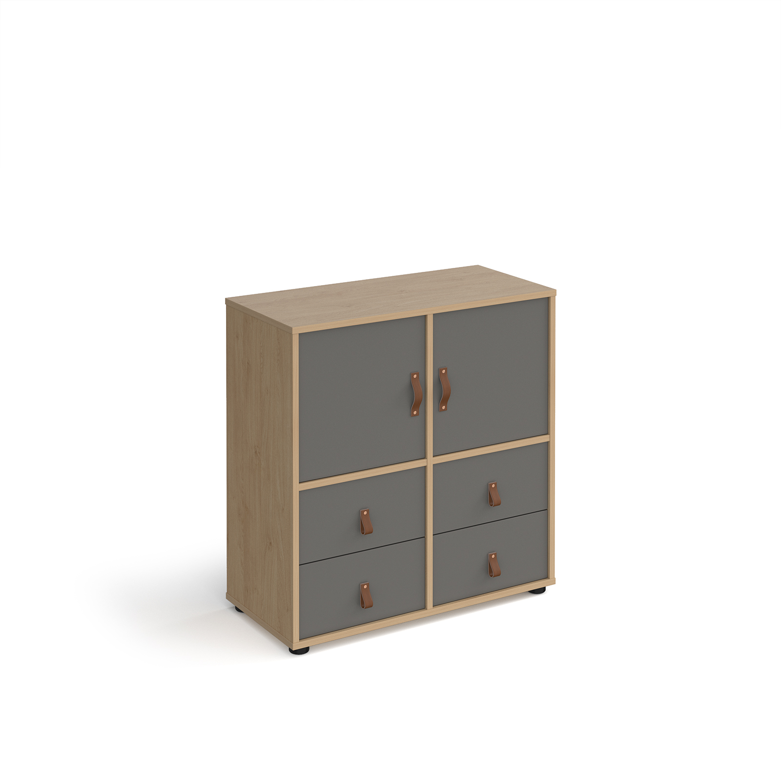 Picture of Universal cube storage unit 875mm high on glides with 2 cupboards and 2 sets of drawers - oak with grey inserts