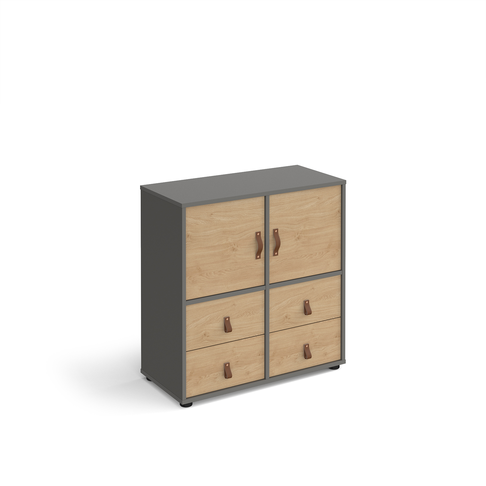Picture of Universal cube storage unit 875mm high on glides with 2 cupboards and 2 sets of drawers - grey with oak inserts