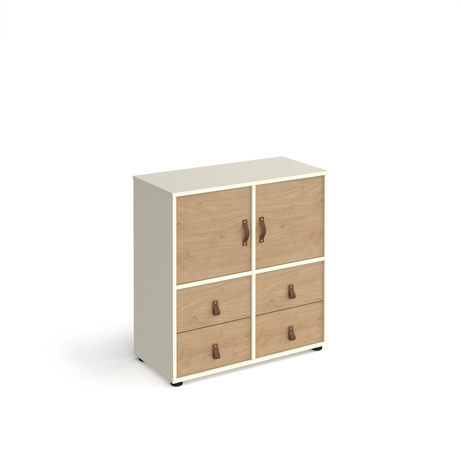 Picture of Universal cube storage unit 875mm high on glides with 2 cupboards and 2 sets of drawers - white with oak inserts