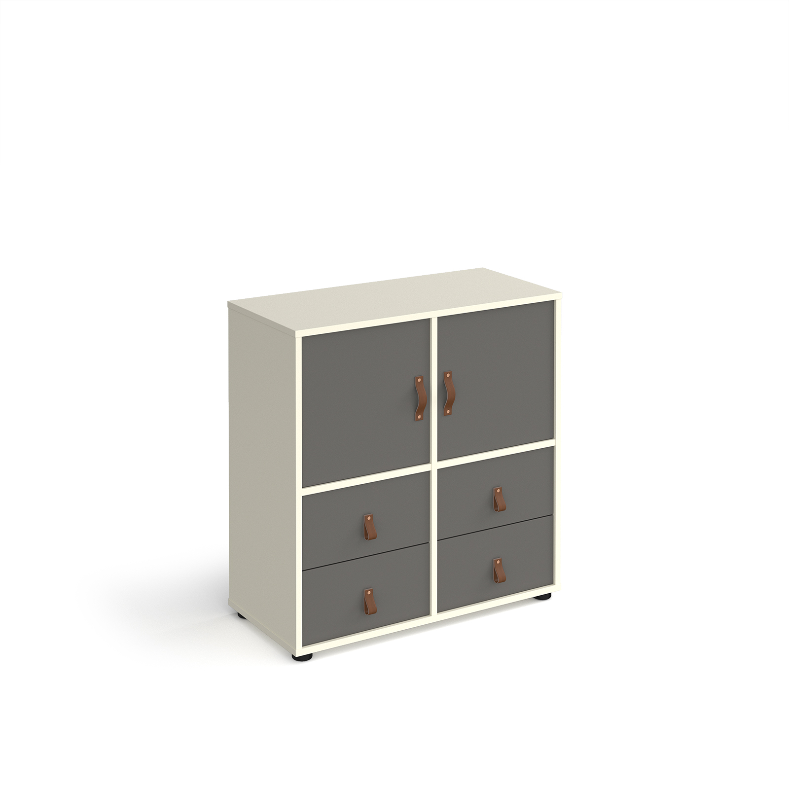 Picture of Universal cube storage unit 875mm high on glides with 2 cupboards and 2 sets of drawers - white with grey inserts