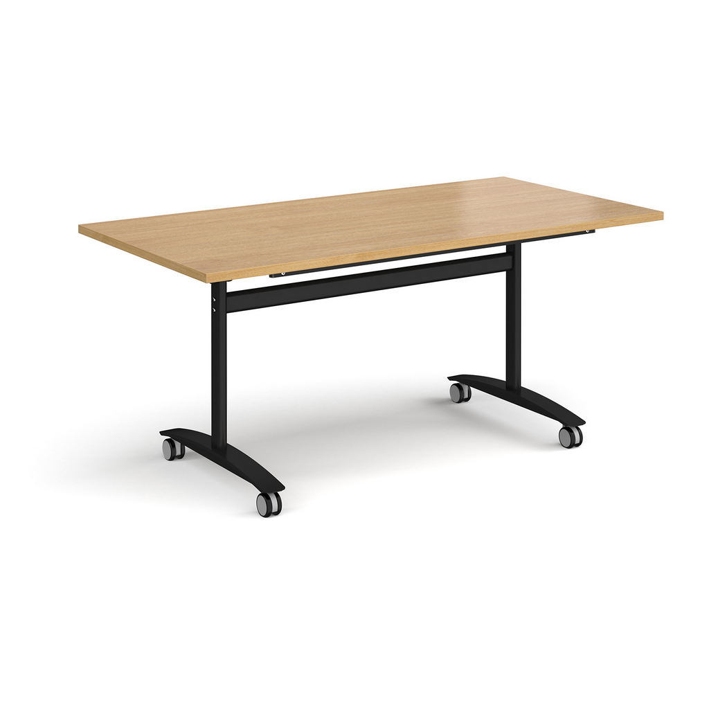Picture of Rectangular deluxe fliptop meeting table with black frame 1600mm x 800mm - oak