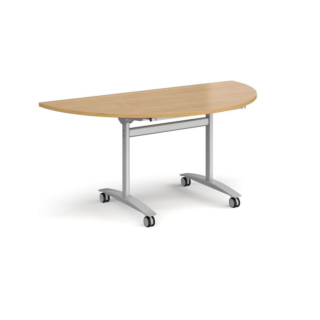 Picture of Semi circular deluxe fliptop meeting table with silver frame 1600mm x 800mm - oak
