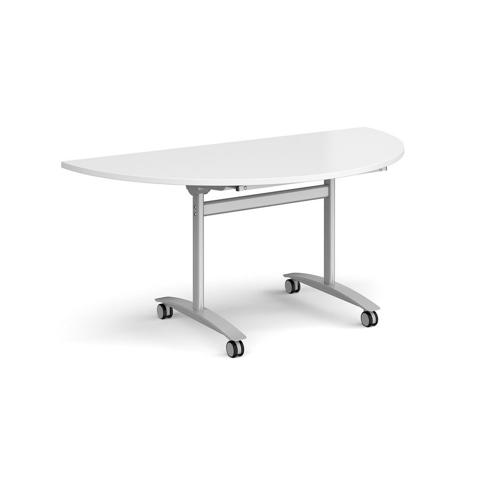 Picture of Semi circular deluxe fliptop meeting table with silver frame 1600mm x 800mm - white