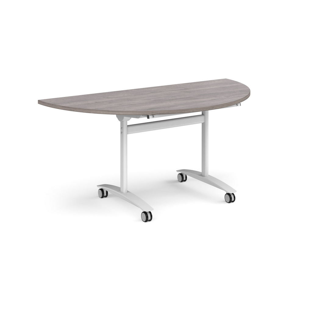 Picture of Semi circular deluxe fliptop meeting table with white frame 1600mm x 800mm - grey oak