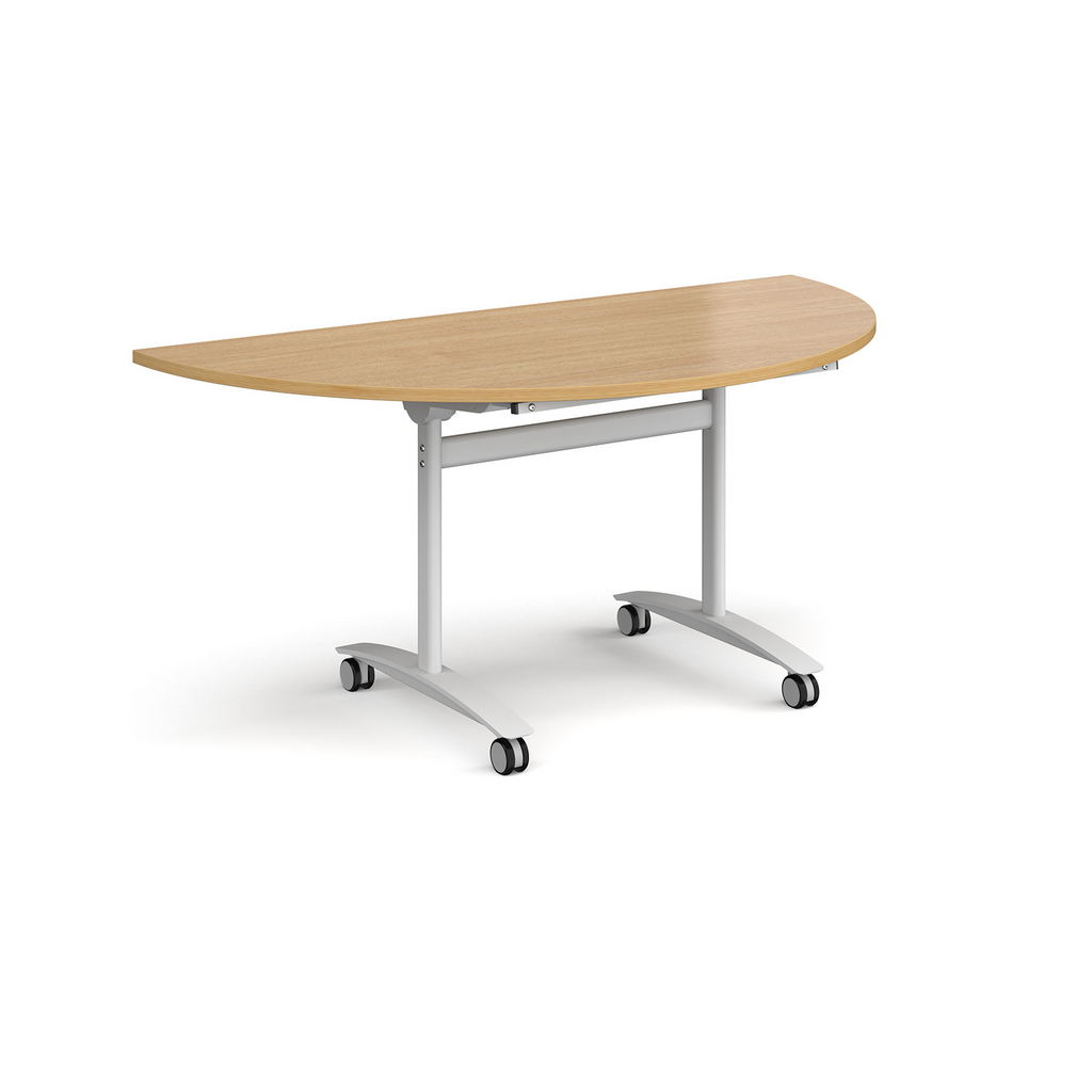 Picture of Semi circular deluxe fliptop meeting table with white frame 1600mm x 800mm - oak