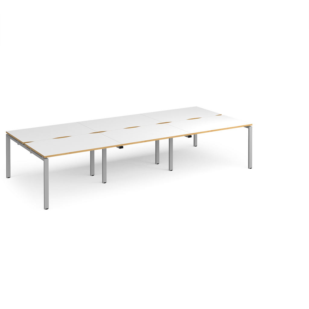 Picture of Adapt triple back to back desks 3600mm x 1600mm - silver frame, white top with oak edging