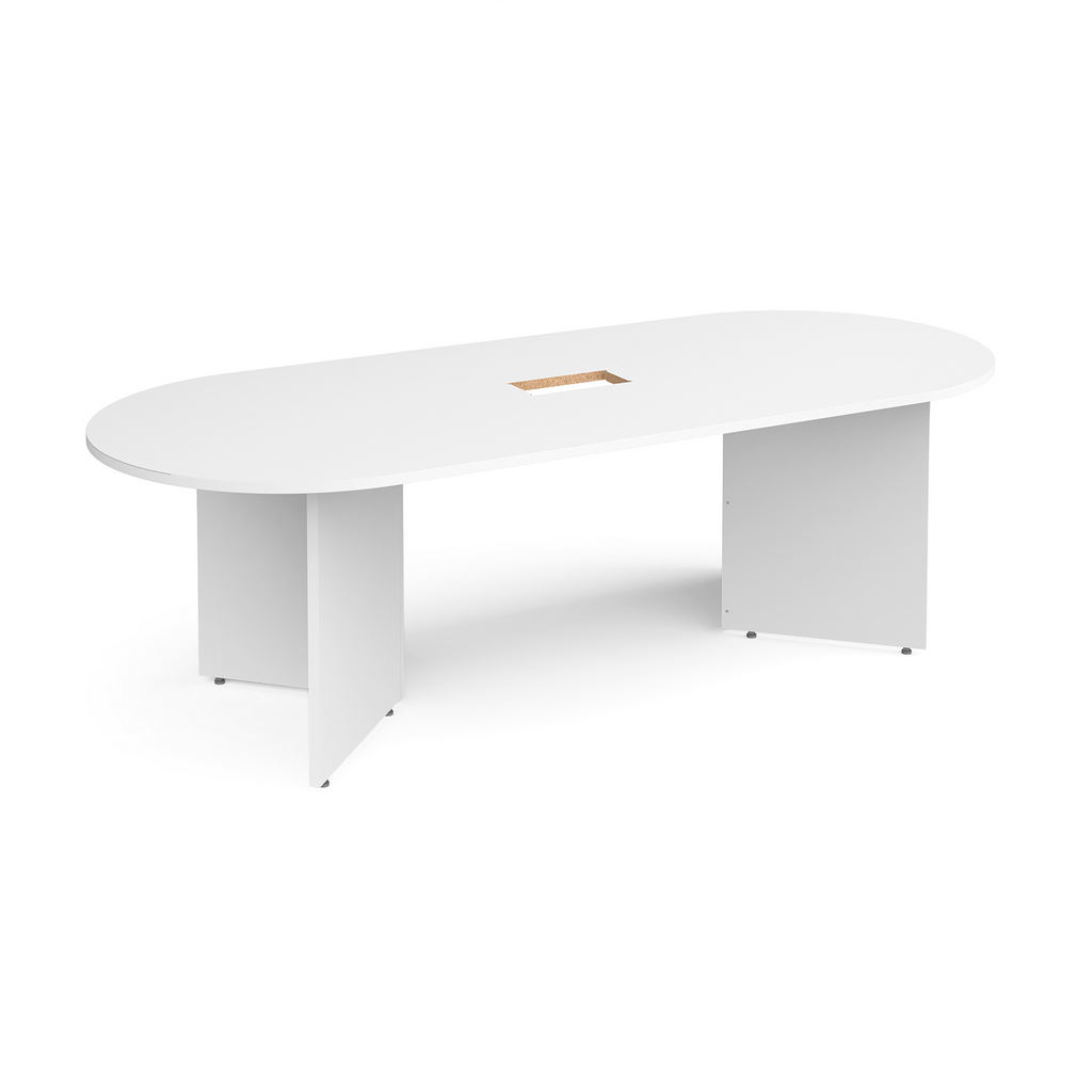 Picture of Arrow head leg radial end boardroom table 2400mm x 1000mm with central cutout 272mm x 132mm - white
