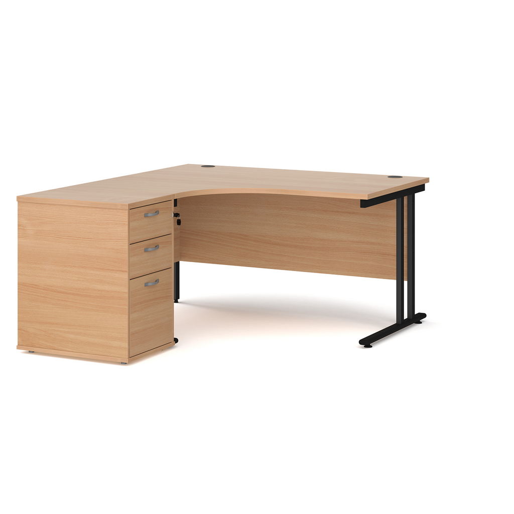 Picture of Maestro 25 left hand ergonomic desk 1400mm with black cantilever frame and desk high pedestal - beech