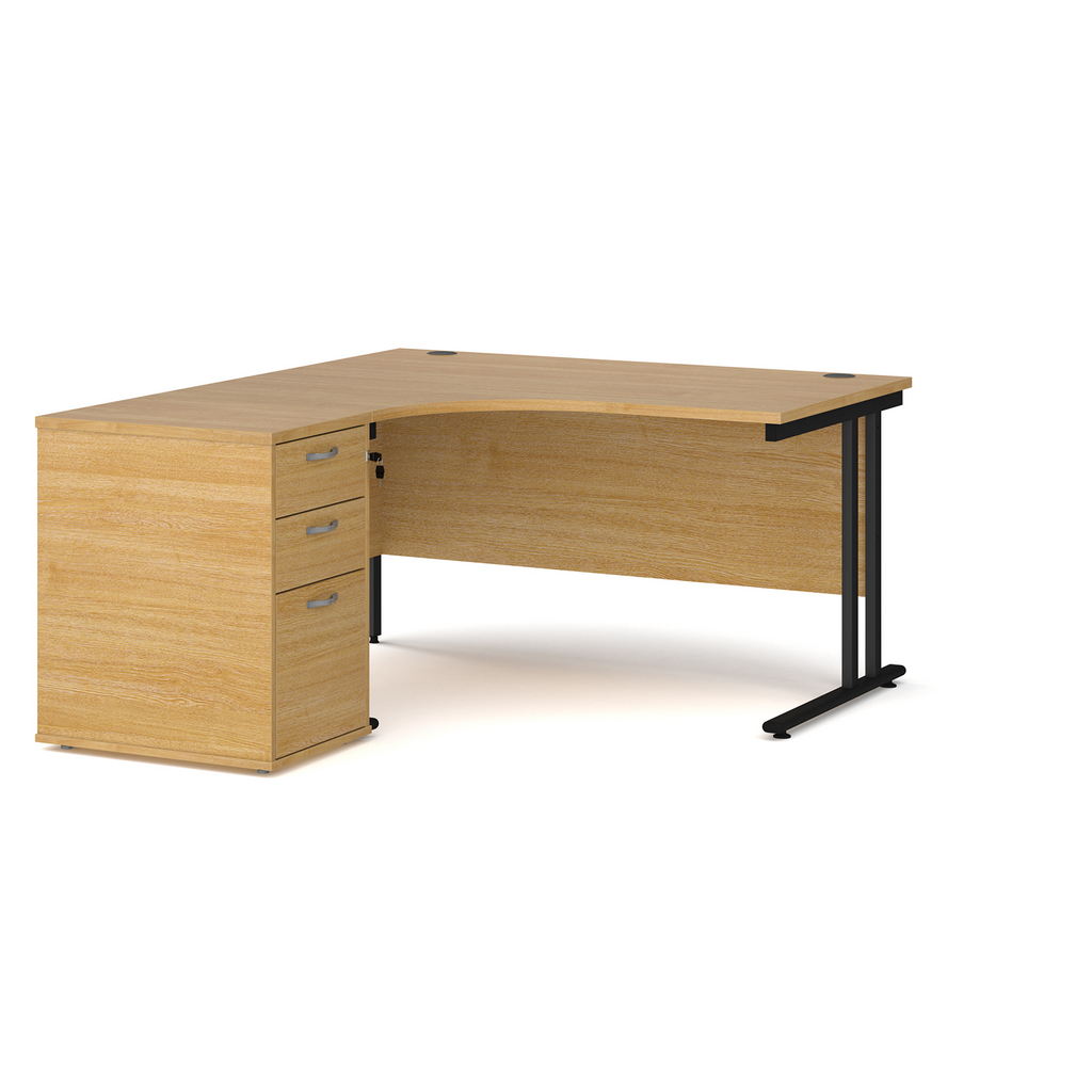 Picture of Maestro 25 left hand ergonomic desk 1400mm with black cantilever frame and desk high pedestal - oak