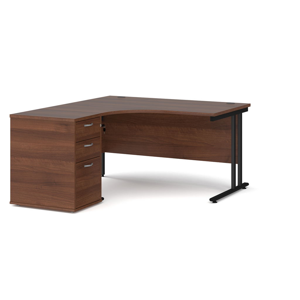 Picture of Maestro 25 left hand ergonomic desk 1400mm with black cantilever frame and desk high pedestal - walnut