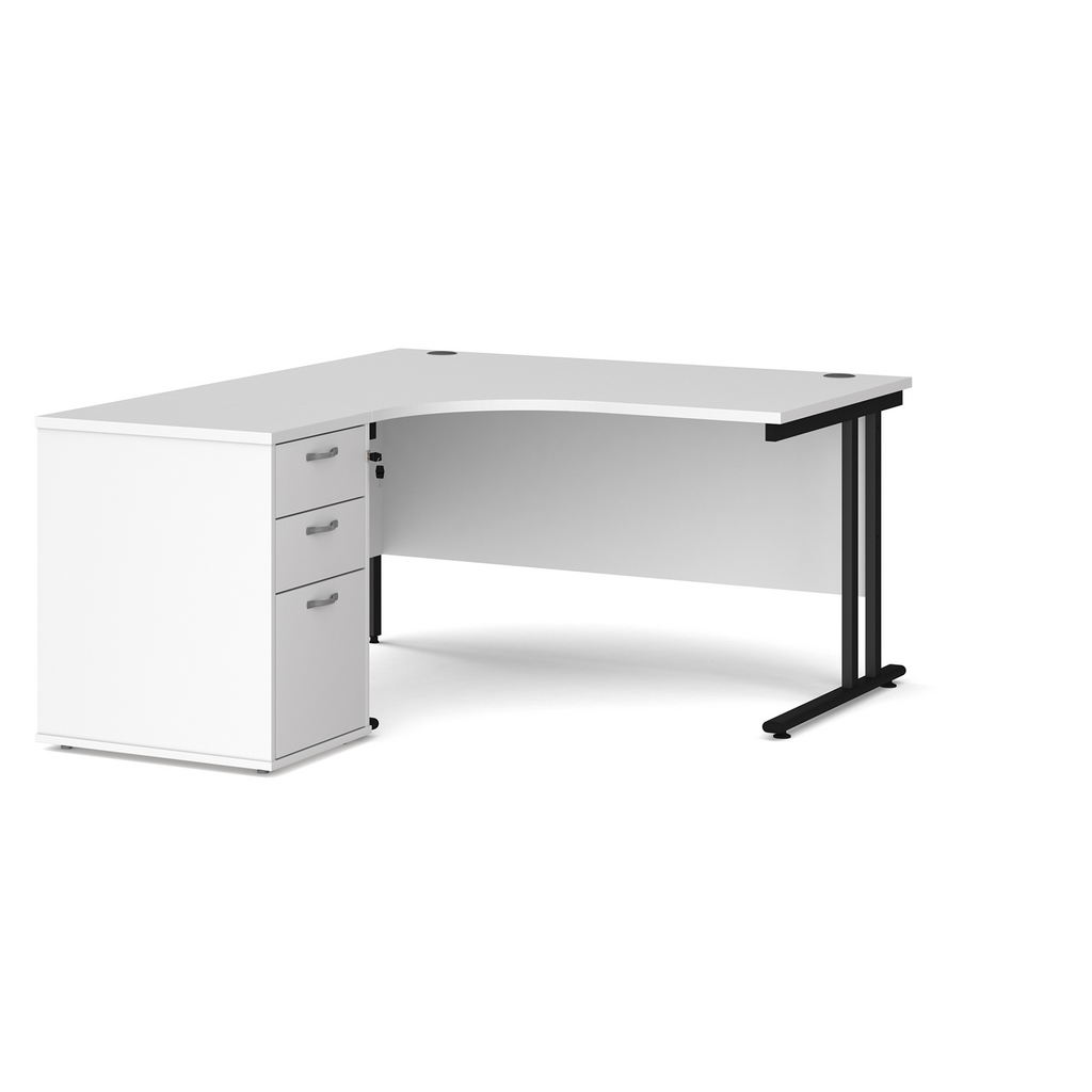 Picture of Maestro 25 left hand ergonomic desk 1400mm with black cantilever frame and desk high pedestal - white