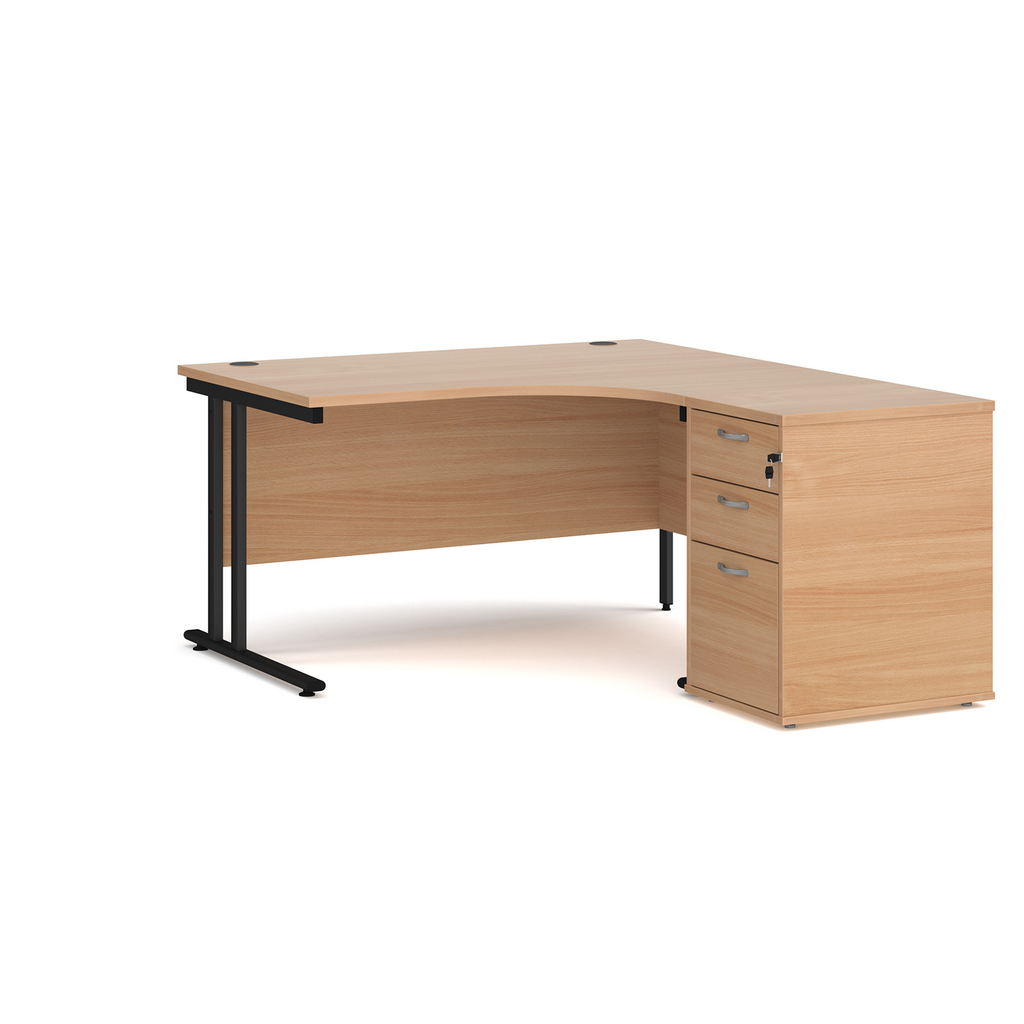 Picture of Maestro 25 right hand ergonomic desk 1400mm with black cantilever frame and desk high pedestal - beech