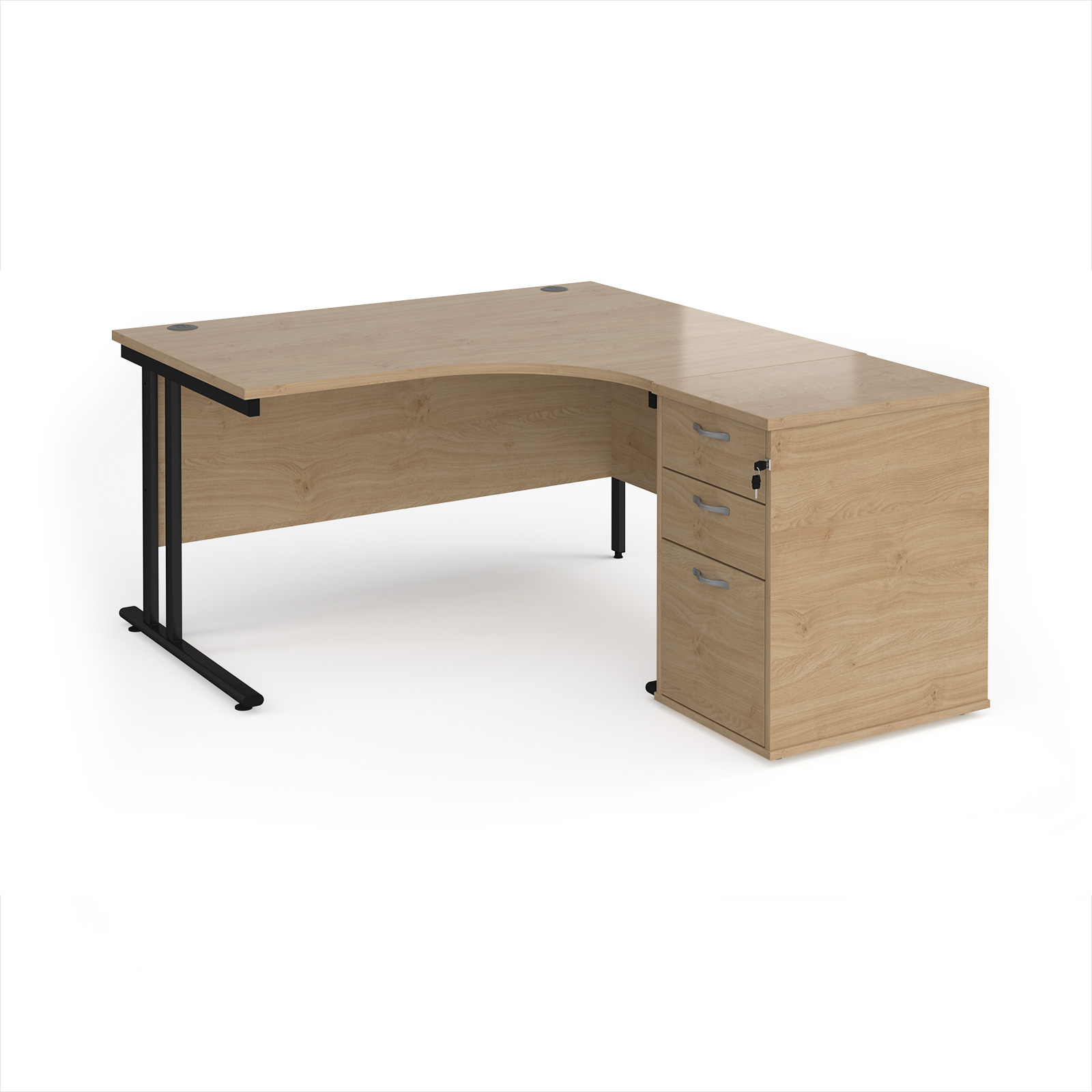 Picture of Maestro 25 right hand ergonomic desk 1400mm with black cantilever frame and desk high pedestal - Kendal Oak