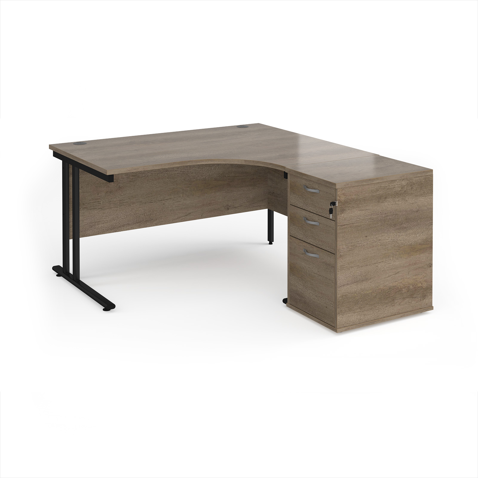 Picture of Maestro 25 right hand ergonomic desk 1400mm with black cantilever frame and desk high pedestal - Nebraska Oak
