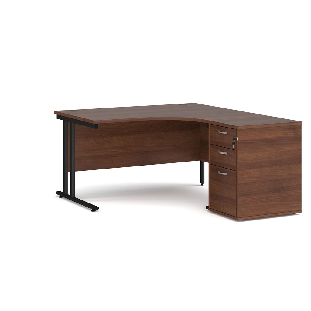 Picture of Maestro 25 right hand ergonomic desk 1400mm with black cantilever frame and desk high pedestal - walnut