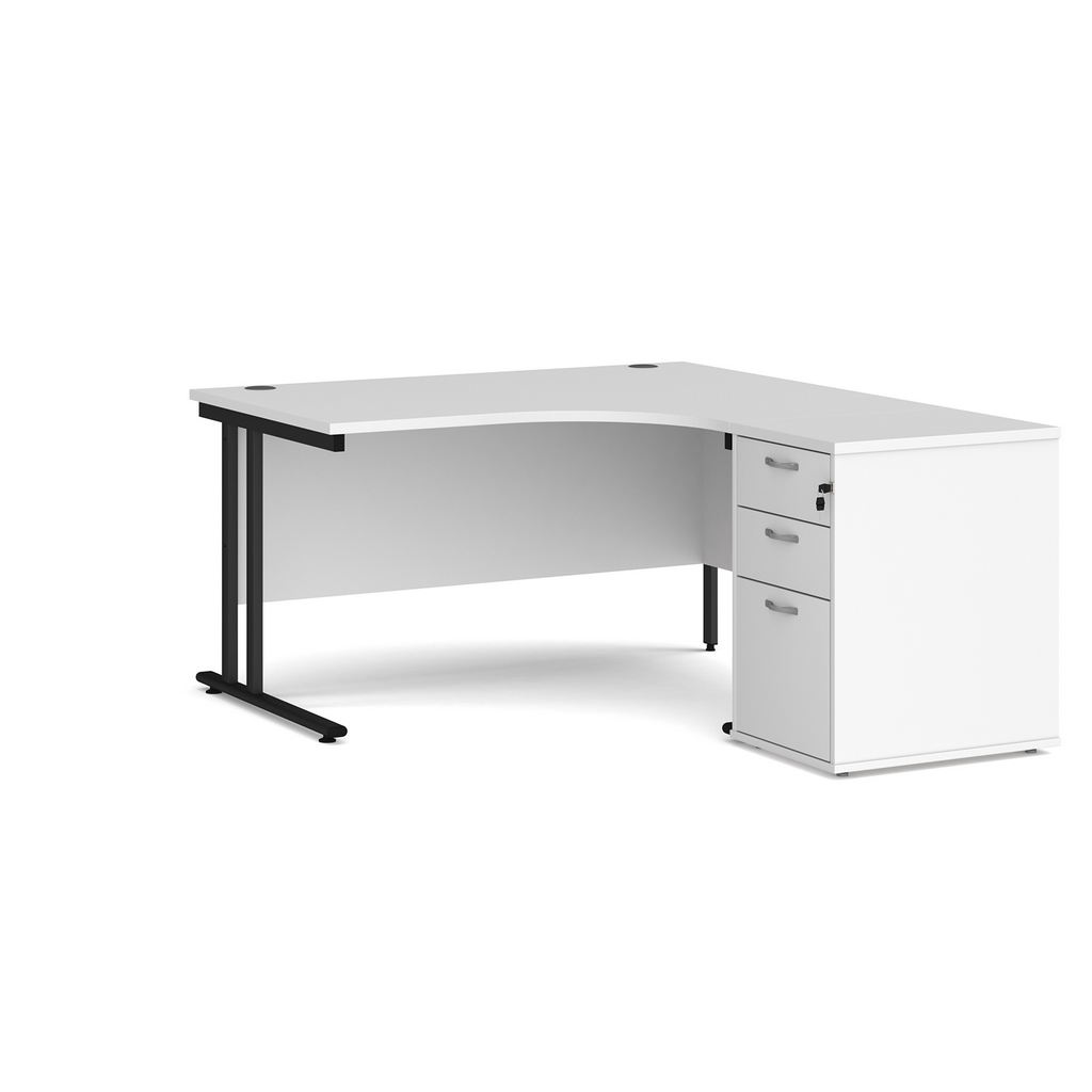 Picture of Maestro 25 right hand ergonomic desk 1400mm with black cantilever frame and desk high pedestal - white