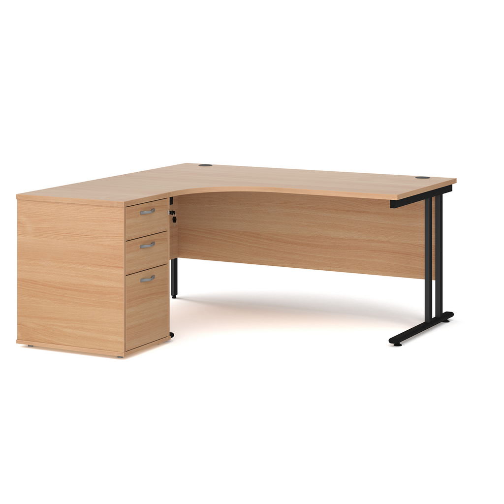 Picture of Maestro 25 left hand ergonomic desk 1600mm with black cantilever frame and desk high pedestal - beech