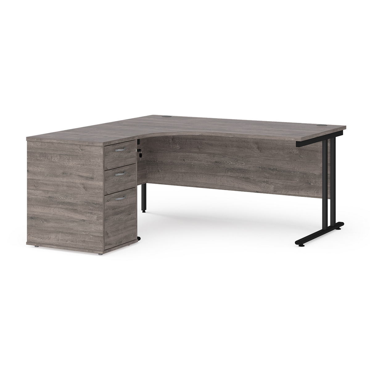 Picture of Maestro 25 left hand ergonomic desk 1600mm with black cantilever frame and desk high pedestal - grey oak