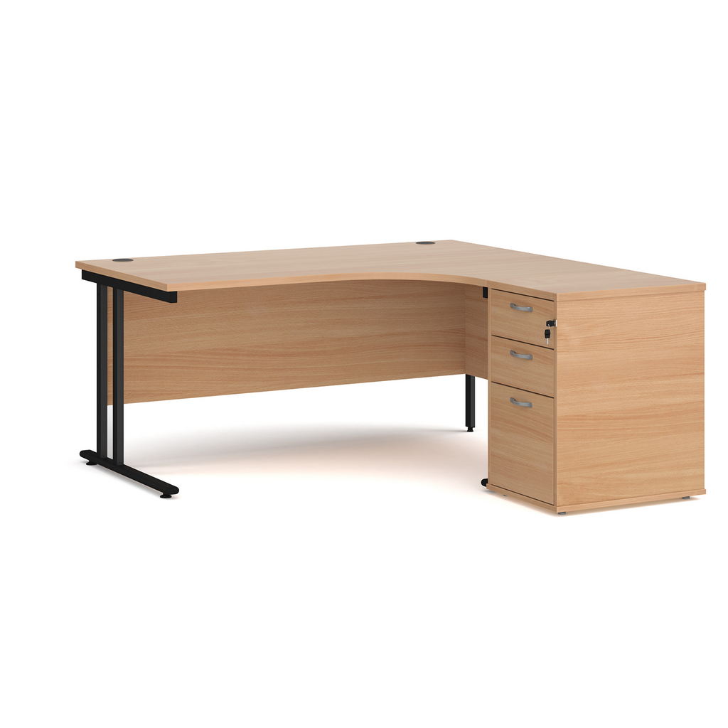 Picture of Maestro 25 right hand ergonomic desk 1600mm with black cantilever frame and desk high pedestal - beech