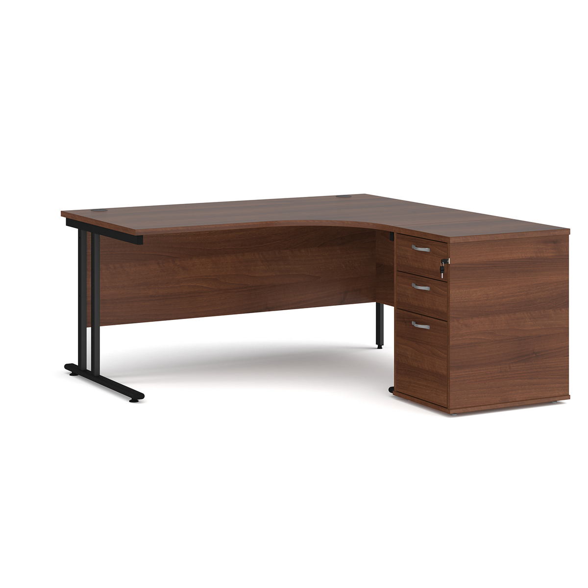 Picture of Maestro 25 right hand ergonomic desk 1600mm with black cantilever frame and desk high pedestal - walnut