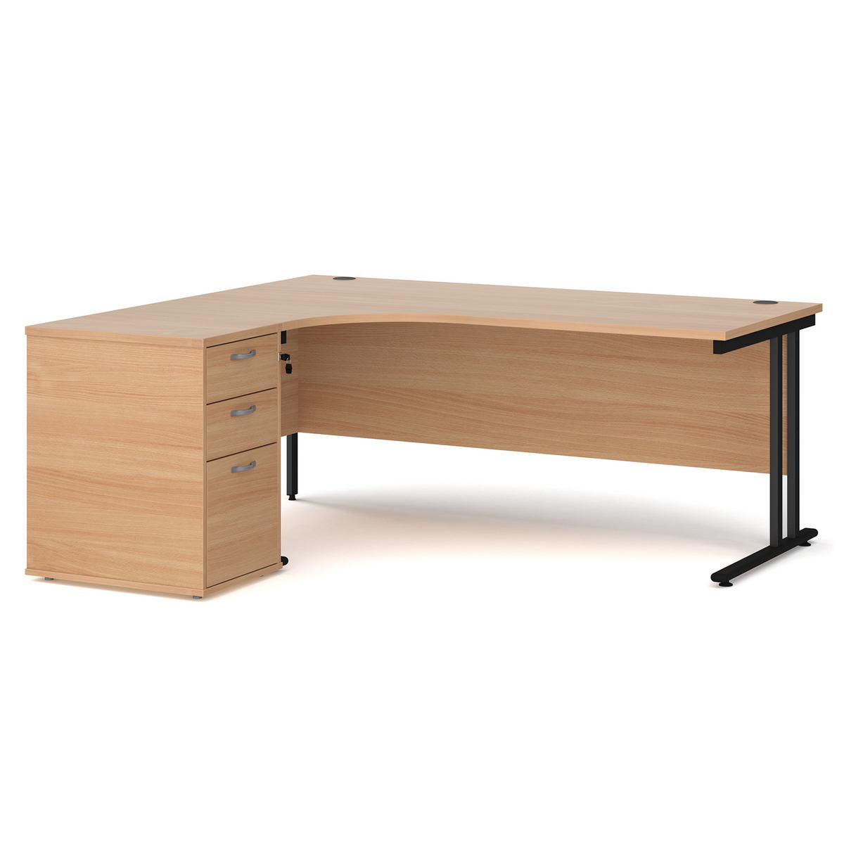Picture of Maestro 25 left hand ergonomic desk 1800mm with black cantilever frame and desk high pedestal - beech