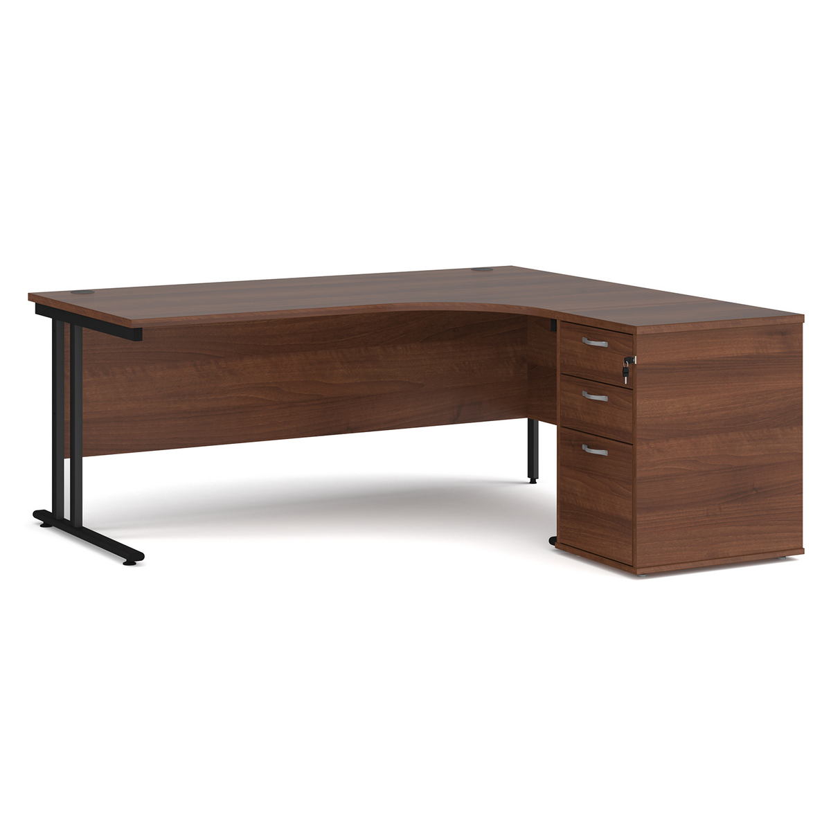 Picture of Maestro 25 right hand ergonomic desk 1800mm with black cantilever frame and desk high pedestal - walnut