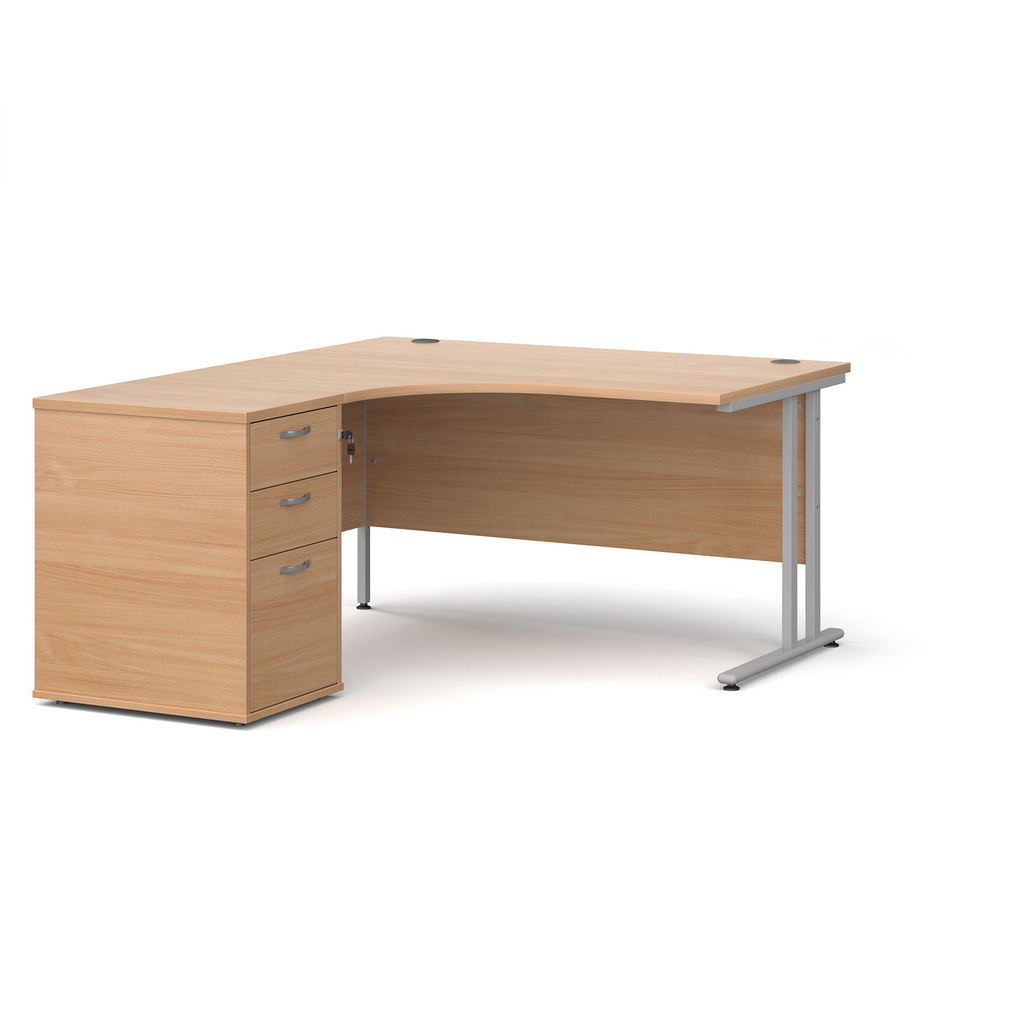 Picture of Maestro 25 left hand ergonomic desk 1400mm with silver cantilever frame and desk high pedestal - beech