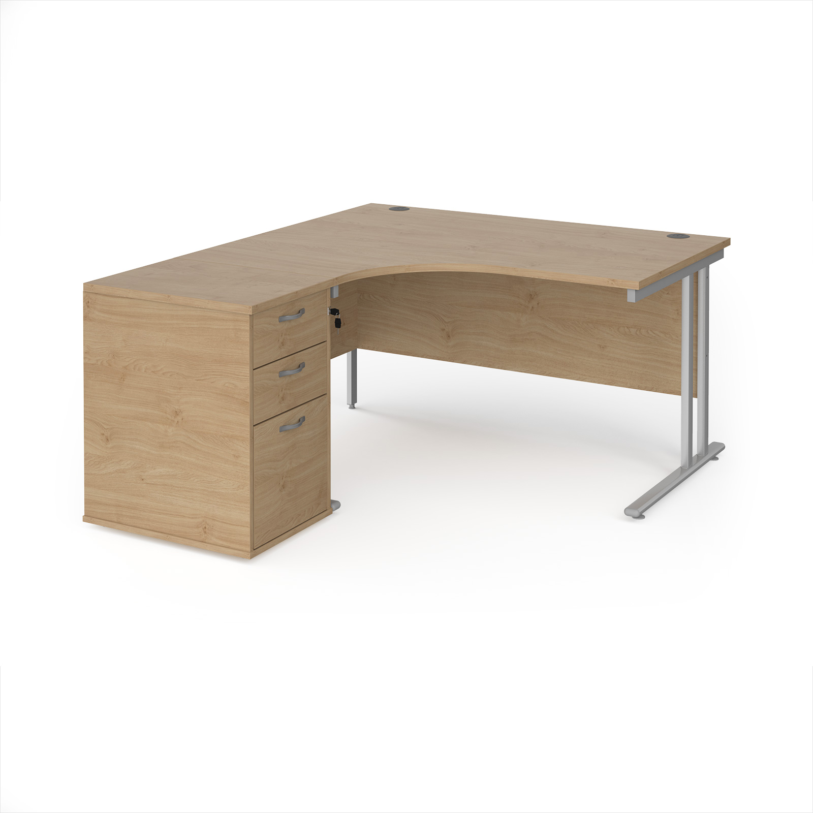 Picture of Maestro 25 left hand ergonomic desk 1400mm with silver cantilever frame and desk high pedestal - Kendal Oak