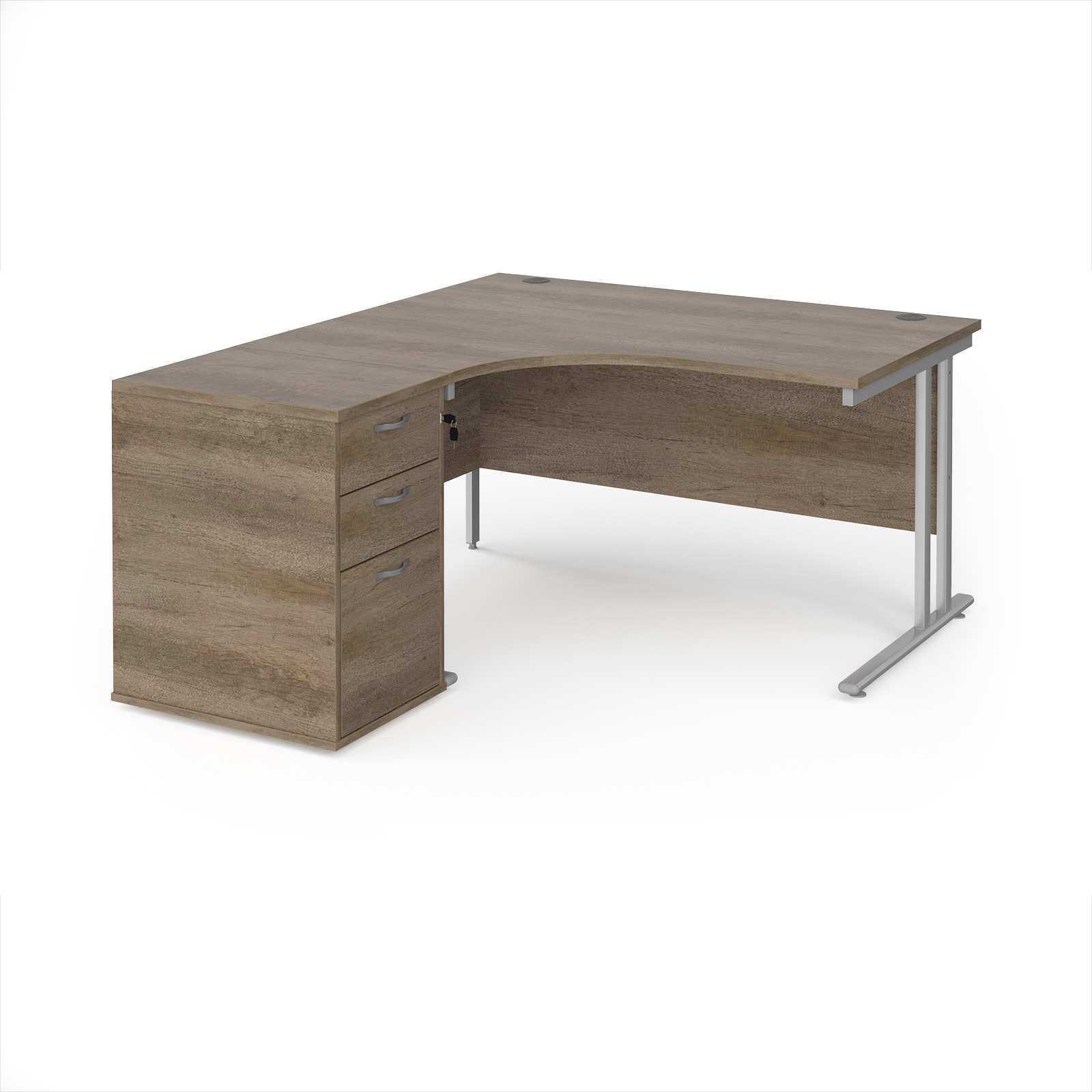 Picture of Maestro 25 left hand ergonomic desk 1400mm with silver cantilever frame and desk high pedestal - Nebraska Oak