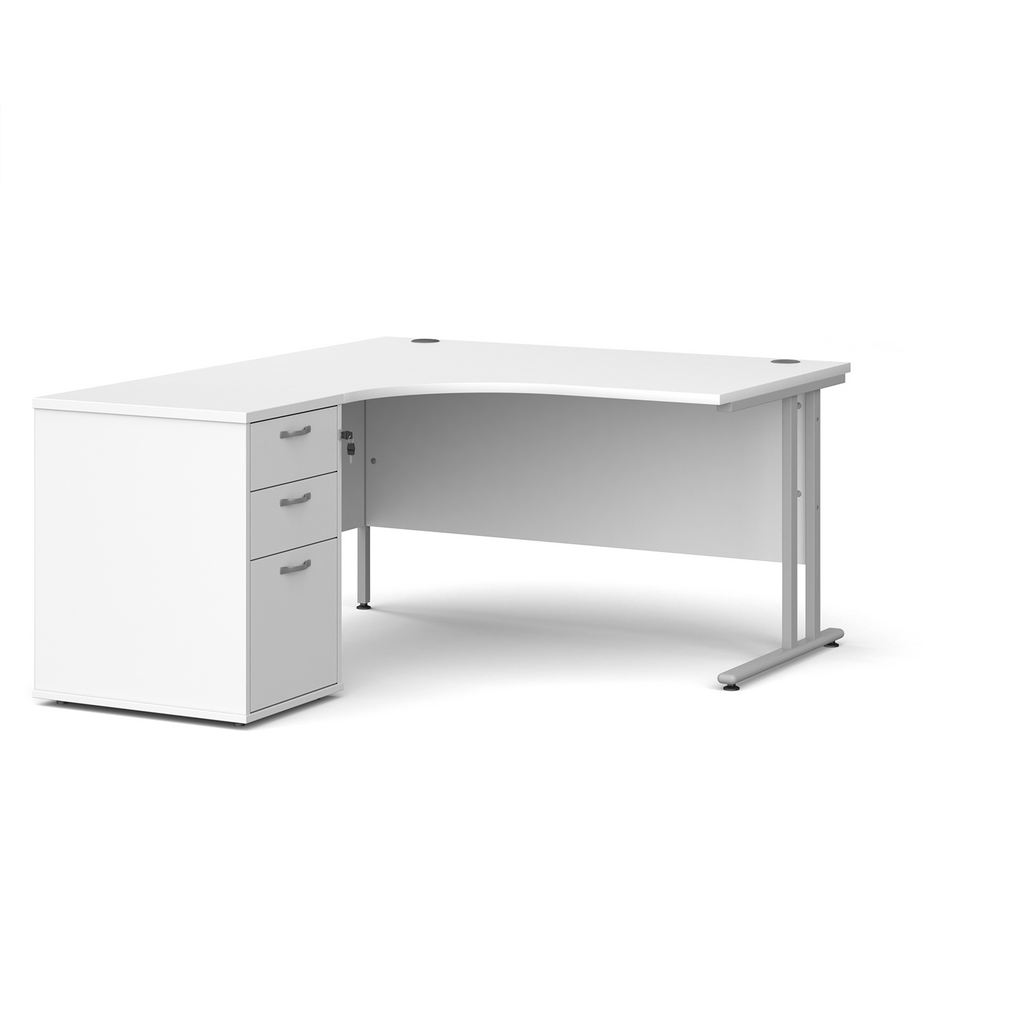 Picture of Maestro 25 left hand ergonomic desk 1400mm with silver cantilever frame and desk high pedestal - white