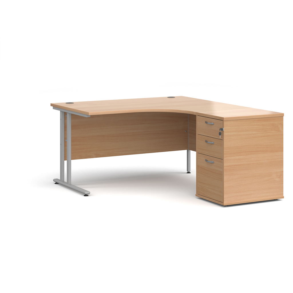 Picture of Maestro 25 right hand ergonomic desk 1400mm with silver cantilever frame and desk high pedestal - beech