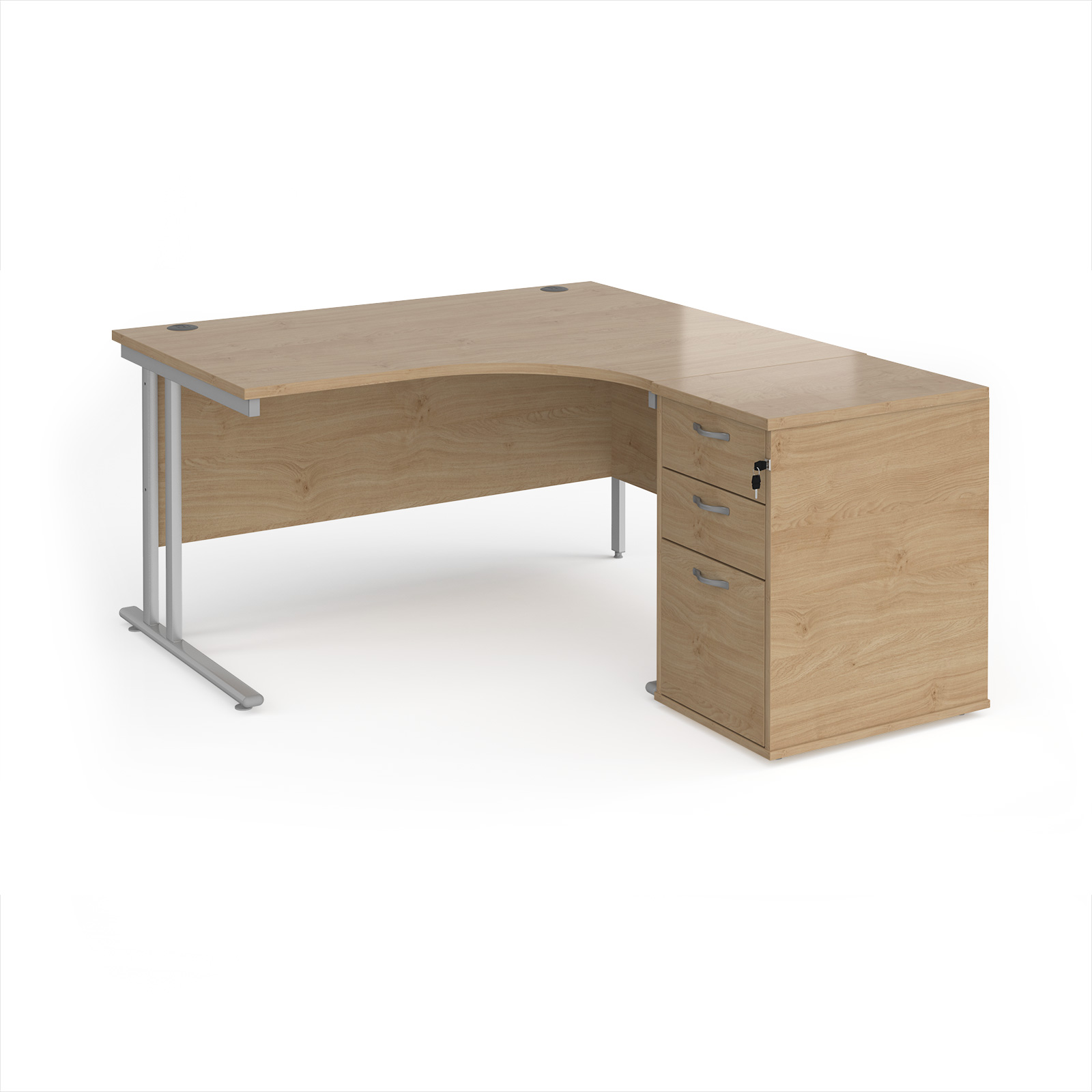 Picture of Maestro 25 right hand ergonomic desk 1400mm with silver cantilever frame and desk high pedestal - Kendal Oak