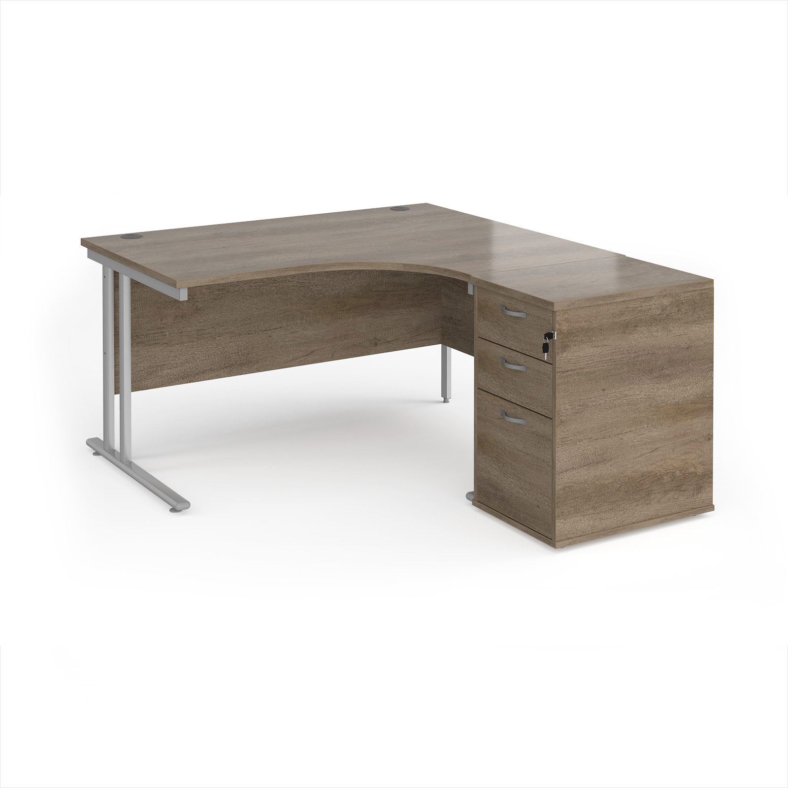 Picture of Maestro 25 right hand ergonomic desk 1400mm with silver cantilever frame and desk high pedestal - Nebraska Oak